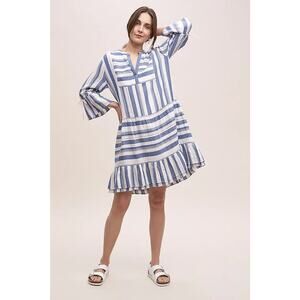 Moliin Copenhagen Thali Striped Dress Viscose Tiered V Neck Blue White Medium